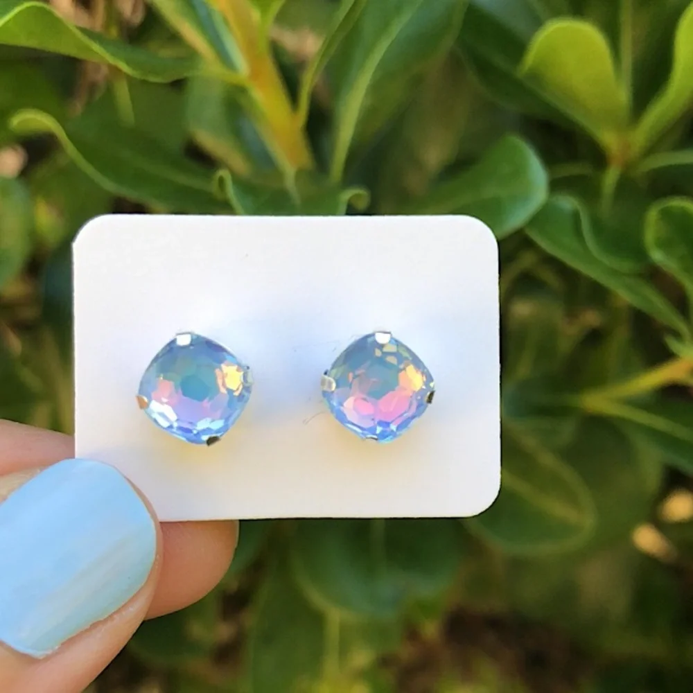 Pastel Periwinkle Aurora Borealis Opal Cushion Cut Crystal Earrings